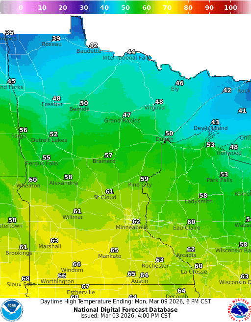 Forecast high temperatures Monday