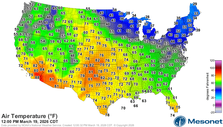 Surface temperatures at 12 p.m. Thursday