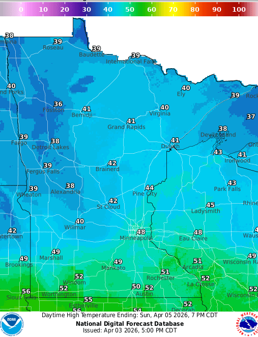 Forecast high temperatures Sunday