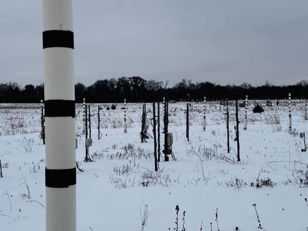A white-and-black pipe stands in the foreground, in front of a snowy field.