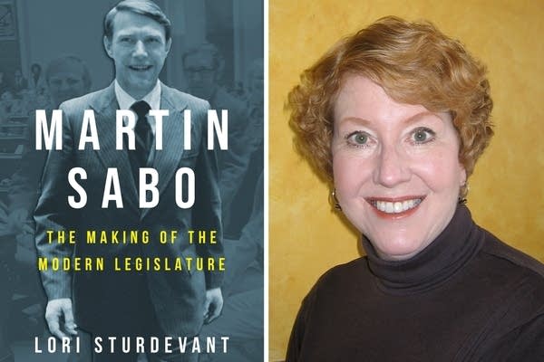 Side-by-side collage. On the left is a pale blue book cover with the title, "Martin Sabo: The Making of the Modern Legislature." On the right is a headshot of a woman in a black turtleneck in front of a yellow wall.