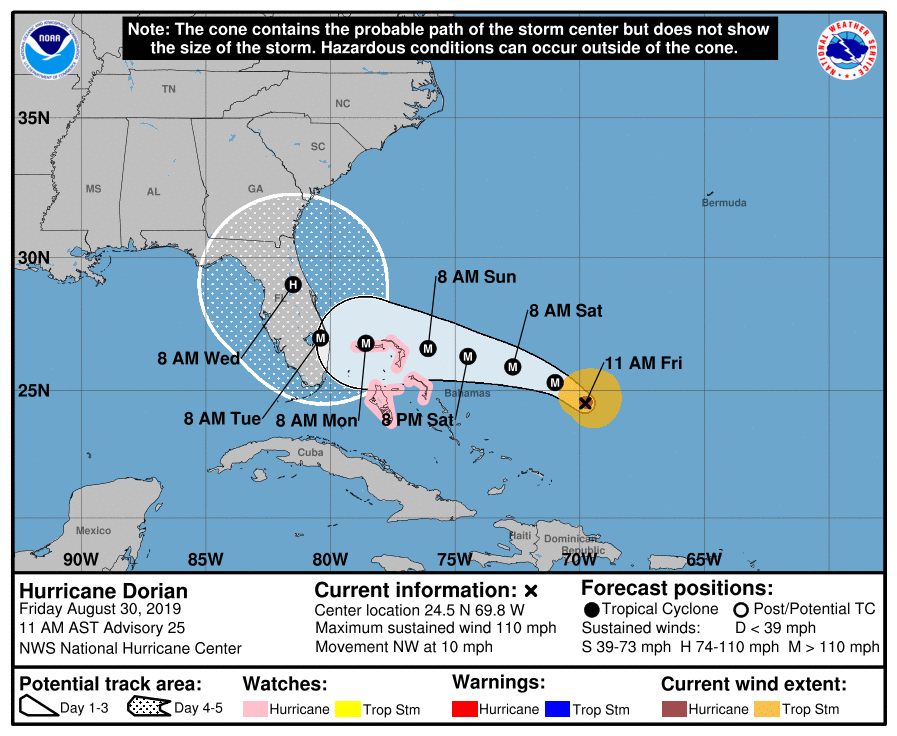 Hurricane Dorian is strengthening, will be major hurricane as it approaches Florida on Monday