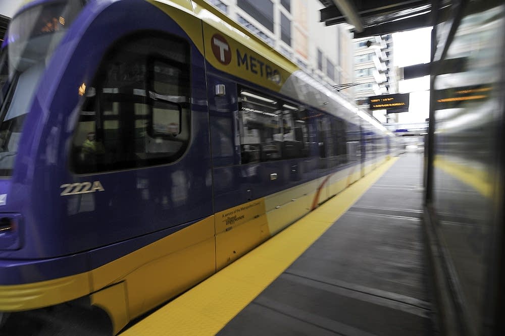 A train arrives in downtown Minneapolis