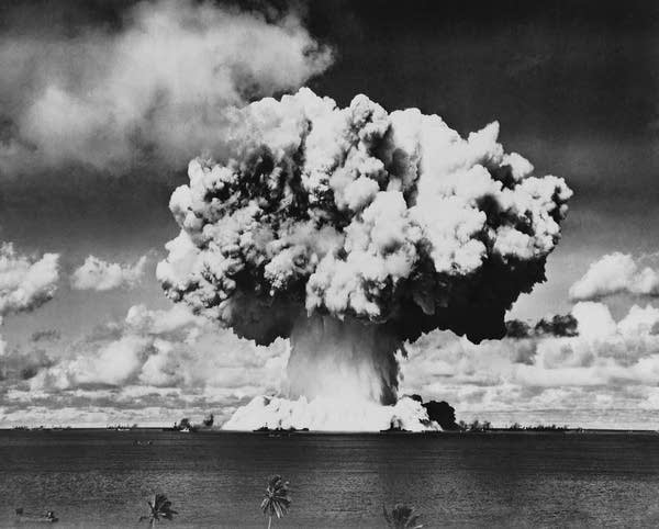 Nuclear bomb Baker, part of a test in the Marshall Islands' Bikini Atoll, explodes 90 feet underwater on July 25, 1946.