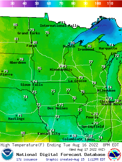 Forecast high temperatures Tuesday
