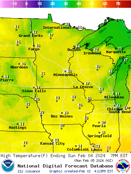 Forecast high temperatures Sunday