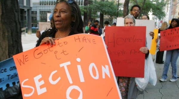 Homeless New Yorkers rally outside Federal Plaza to demand more Section 8 housing Oct. 4, 2004 in New York City. 