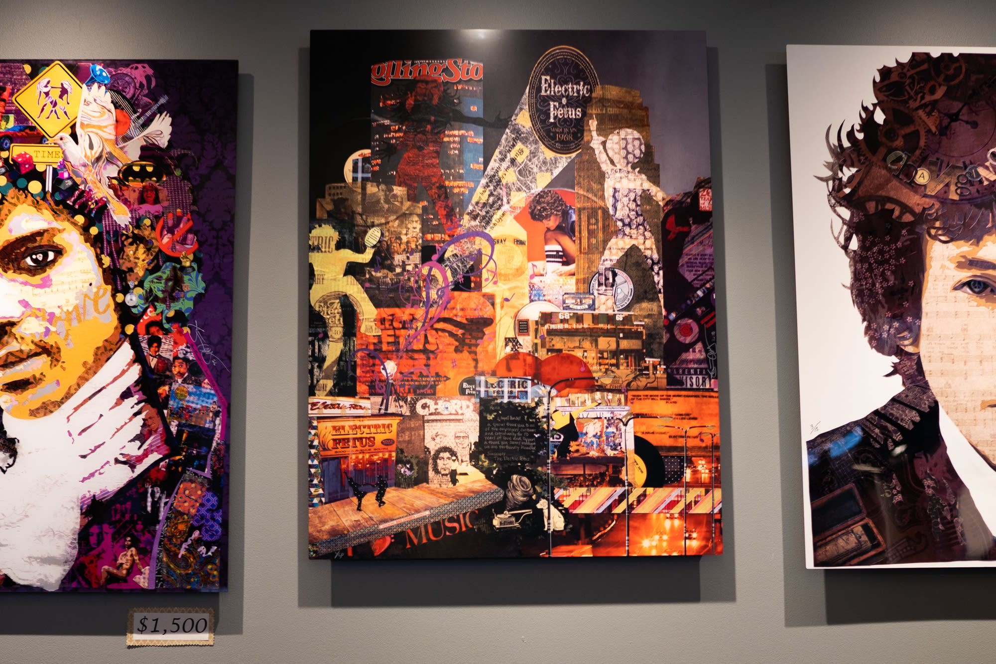 Three works by collage artist Kristi Abbott hang in Electric Fetus.
