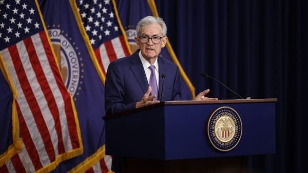 Fed Chair Jerome Powell speaks at a press conference.