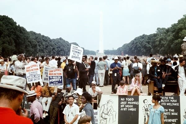 People gather at the end of the Poor People March, on June 19, 1968, in Washington DC. The Poor People's Campaign was organized in 1968 by Martin Luther King Jr. and the Southern Christian Leadership Conference (SCLC) to demand economic aid to the poorest communities of the United States. After King's assassination in April 1968, SCLC decided to go on with the campaign under the leadership of Ralph Abernathy, SCLC's new president.