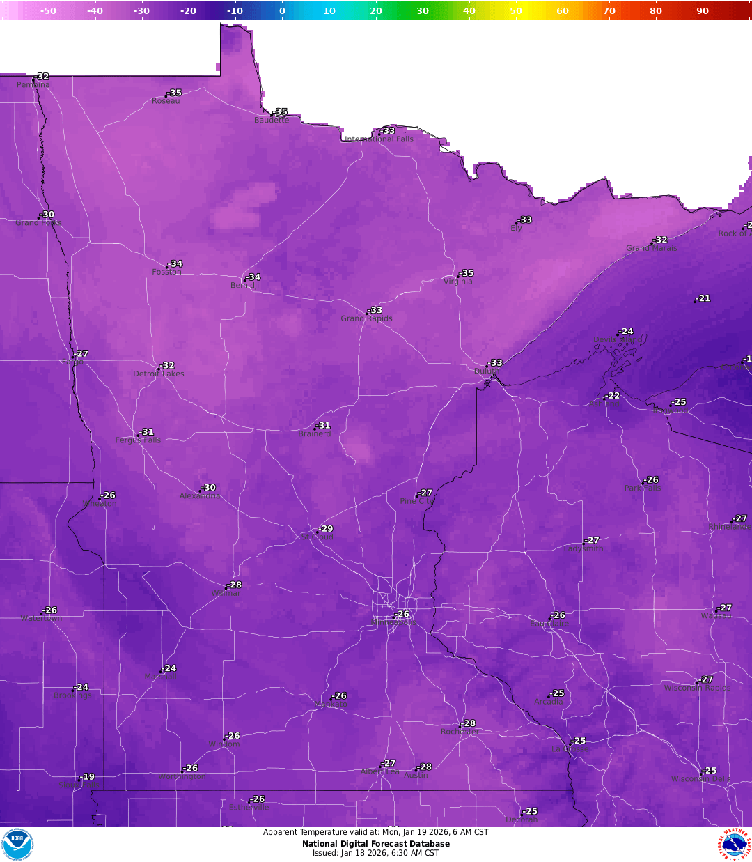 Wind chill forecast Monday 6 a.m.