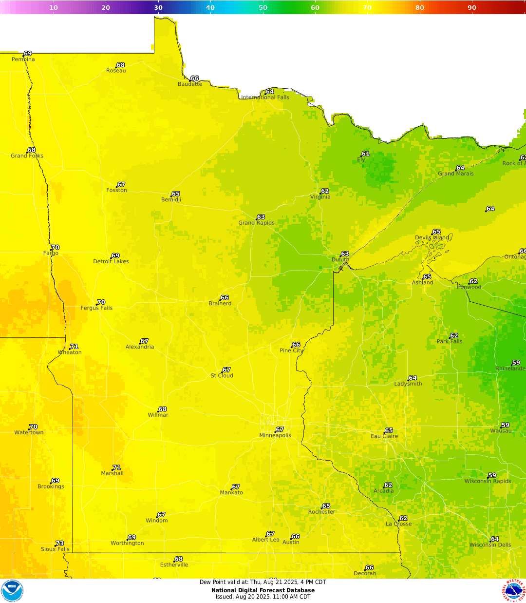 Thursday afternoon dew points