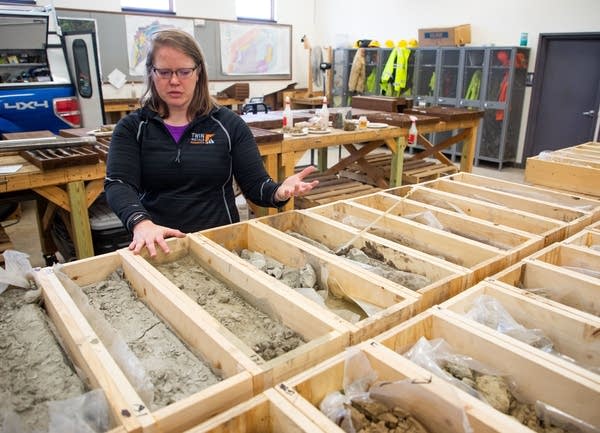 Nicole Hoffmann gestures to core samples in wooden boxes in an office.
