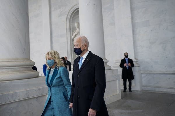 First lady Jill Biden and President Joe Biden depart after the inauguration.