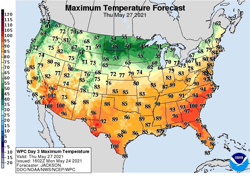 Forecast high temperatures Thursday