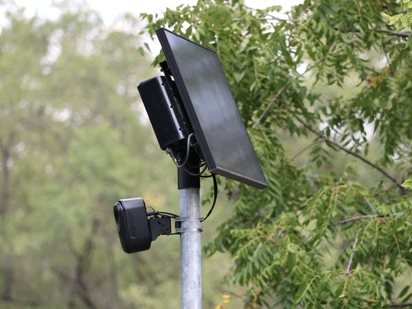 A Flock camera and license plate reader is seen against a tree.
