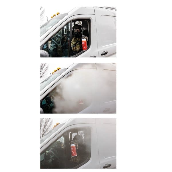 Triptych of an officer holding a chemical cannister out a van window, spraying a thick cloud, then the cloud dissipates.