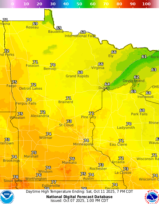 Forecast high temperatures Saturday