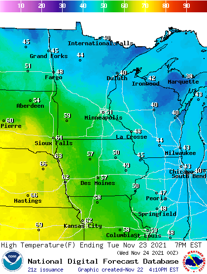 Forecast high temperatures Tuesday
