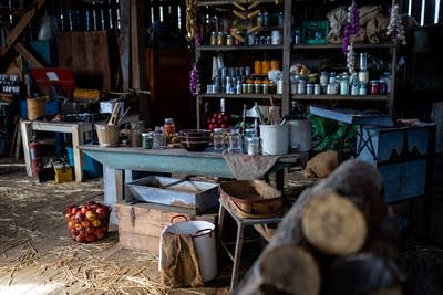 A reconstructed canning scene on a film set