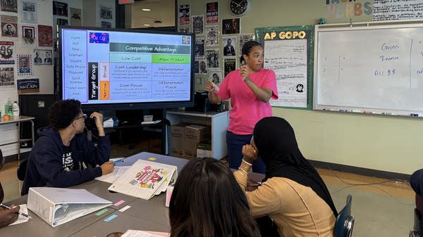 Victoria Beasley teaches her class in AP Business with Personal Finance at Digital Harbor High School in Baltimore.