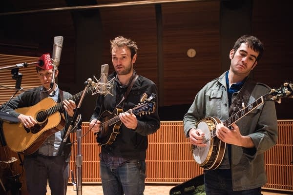 Guitarist Chris Eldridge, mandolinist Chris Thile and banjoist Noam Pikelny performing as Punch Brothers live in The Current studio
