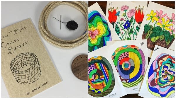 A basket making kit next to an array of brightly colored drawings