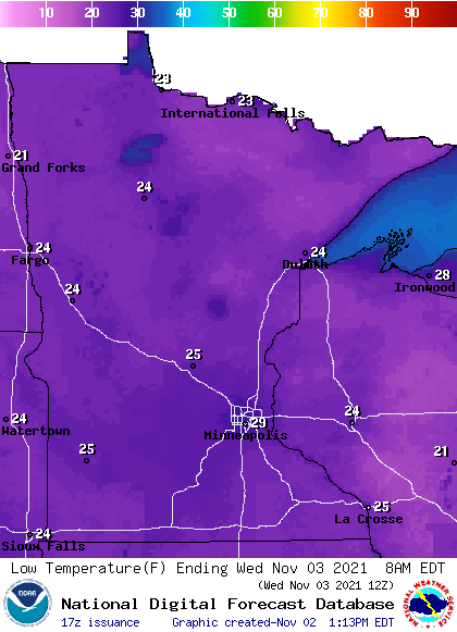 Forecast minimum temps Wednesday