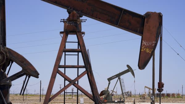 Pumpjacks outside Artesia, New Mexico. New Mexico is one of the oil-producing states in the U.S. seeing increased tax revenues from the war in the Middle East right now.