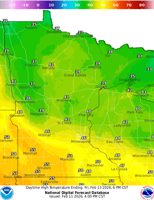 Forecast high temperatures Friday