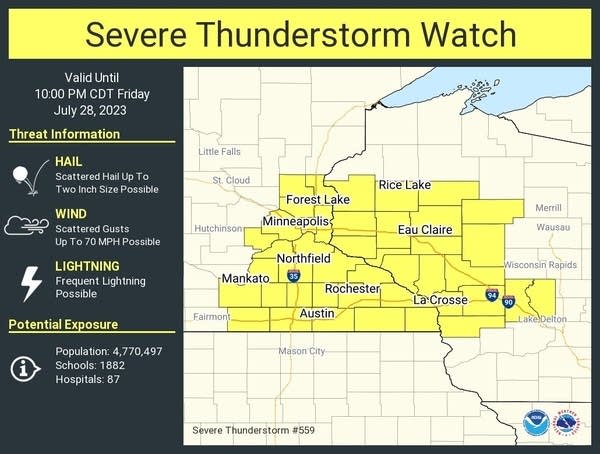 Severe thunderstorm watch until 10 p.m. includes the Twin Cities area 