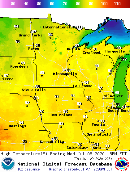 Forecast high temperatures Wednesday