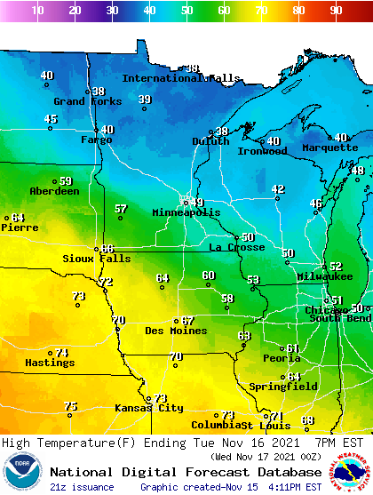 Forecast high temperatures Tuesday