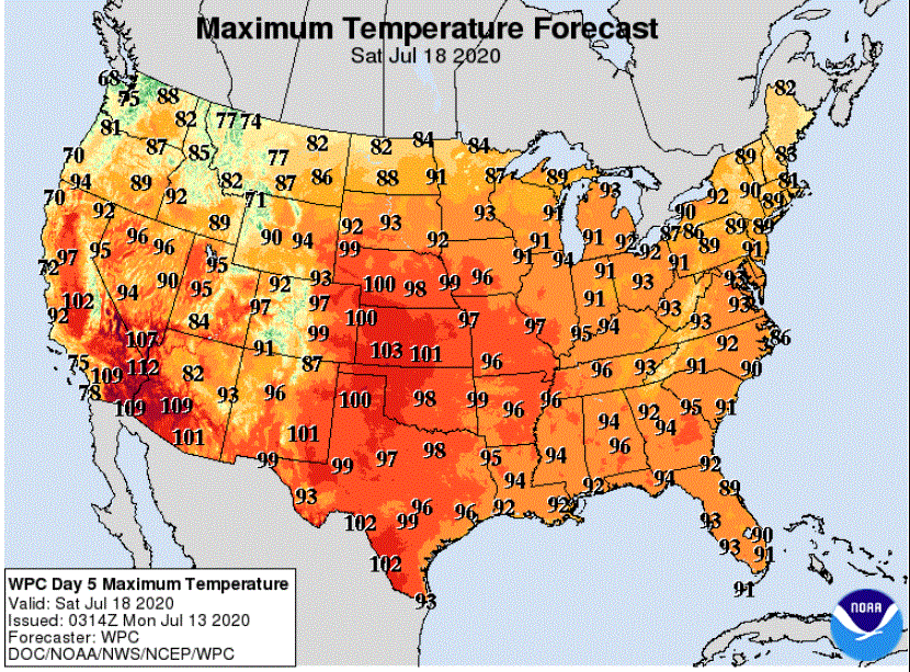 Hot forecast high temperatures for Saturday