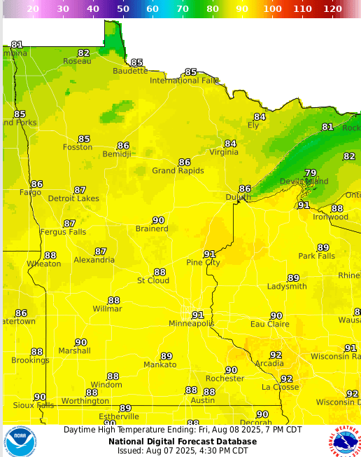 Forecast high temperatures Friday