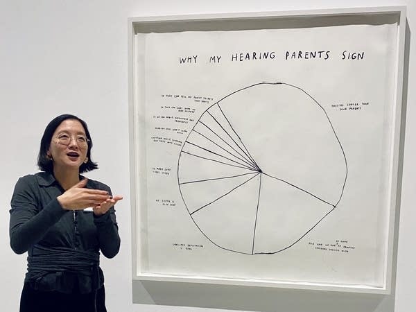 A woman stands next to a framed piece of art that resembles a pie chart.