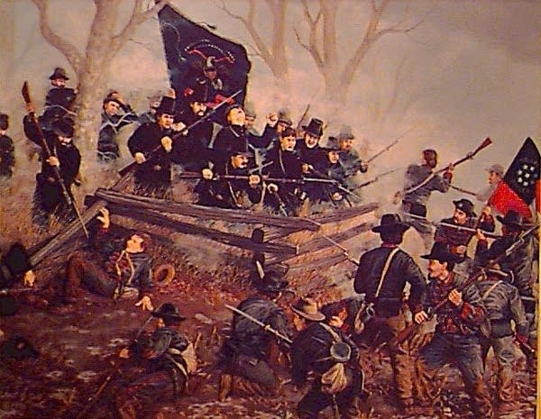 A painting of a Civil War battle featuring soldiers in a wooden enclosure surrounded by opposition.