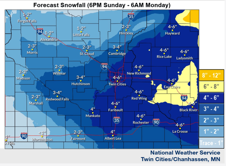 Additional snowfall Sunday 6 p.m. to 6 a.m. Monday