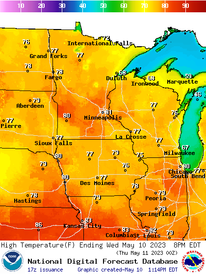 Forecast high temperatures Wednesday