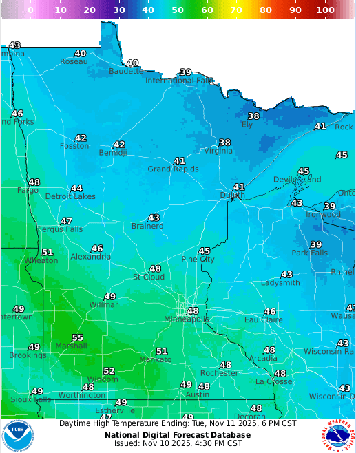 Forecast high temperatures Tuesday