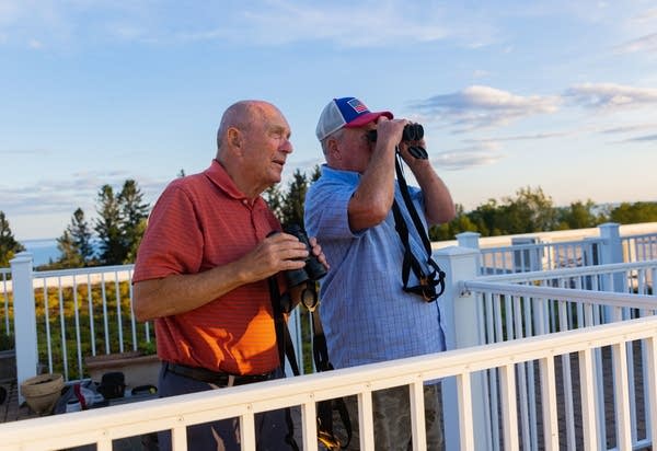 Two people with binoculars scan the sky for birds. 