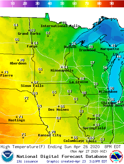 Forecast high temperatures Sunday