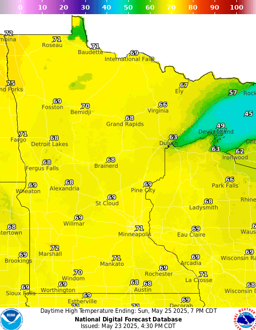 Forecast high temperatures Sunday