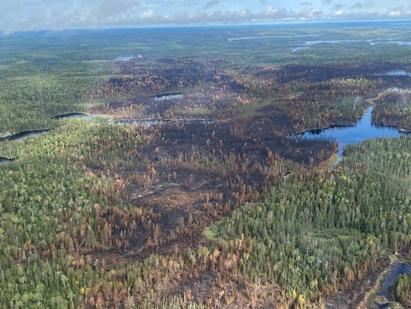 Areas burned by the John Ek fire are seen from the air 