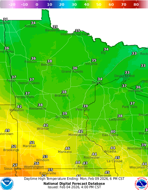 Forecast high temperatures Monday