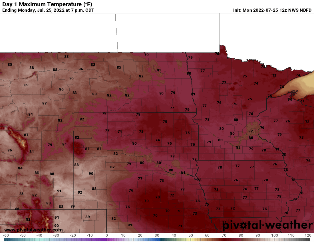 Cooler several days; Tuesday showers; hot weekend