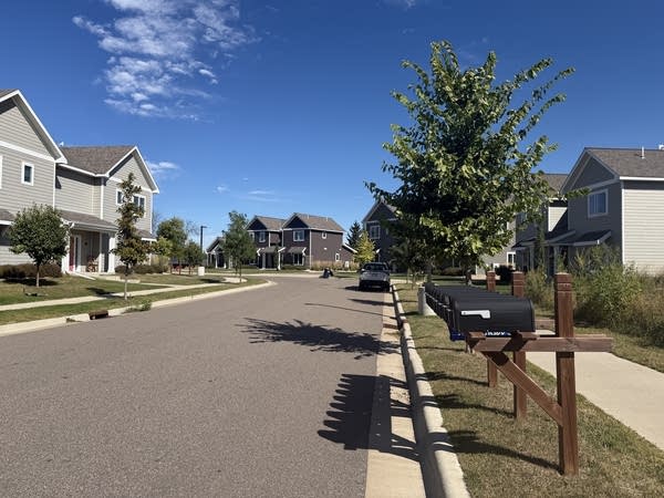 Mailboxes line a suburban street.