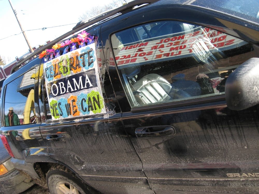 A decorated van welcomes Obama revelers