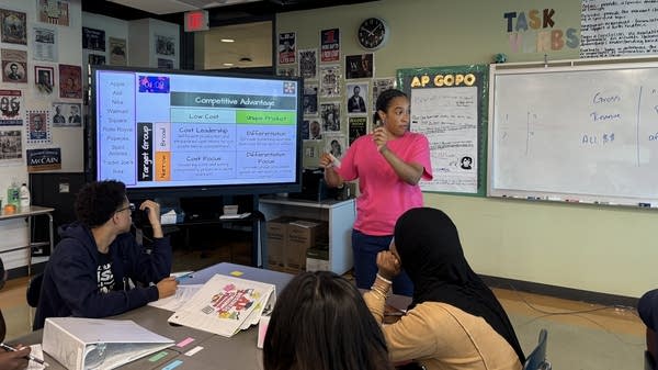 Victoria Beasley teaches her class in AP Business with Personal Finance at Digital Harbor High School in Baltimore.