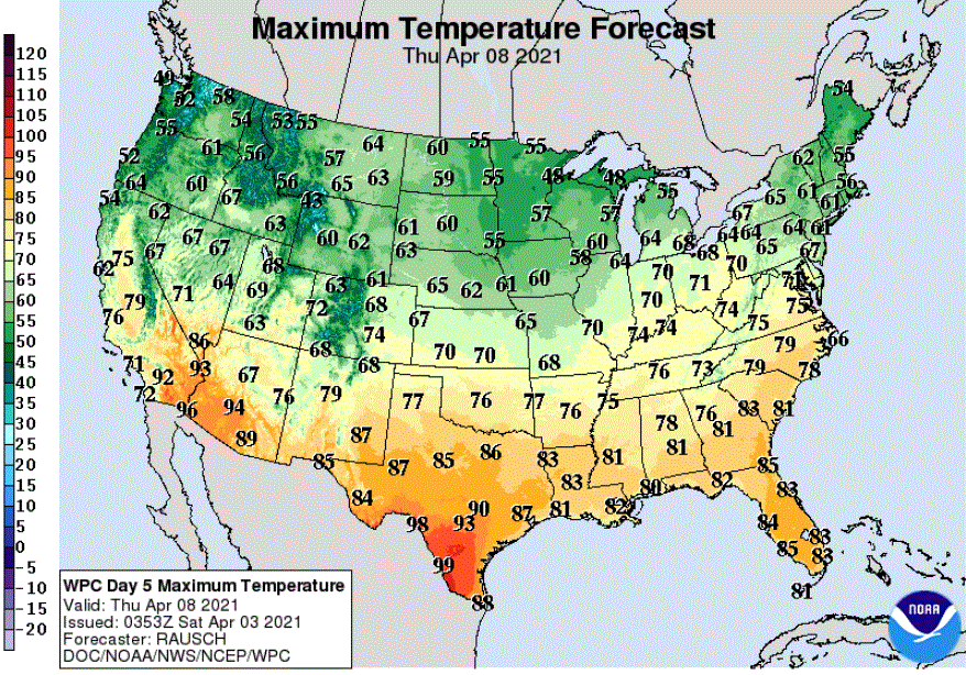 Forecast high temperatures for next Thursday